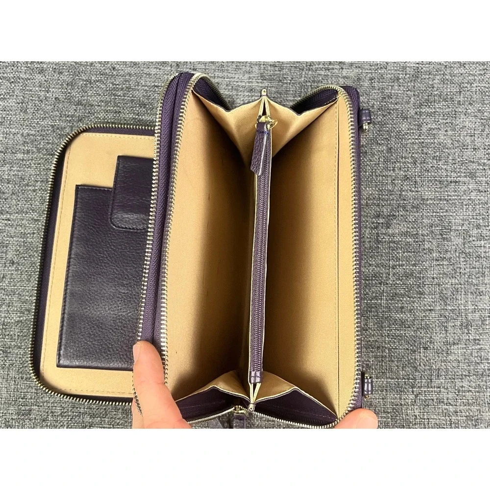 Levenger Purple Pebbled Leather Double Zip Wallet Organizer Phone Clutch Gold HW